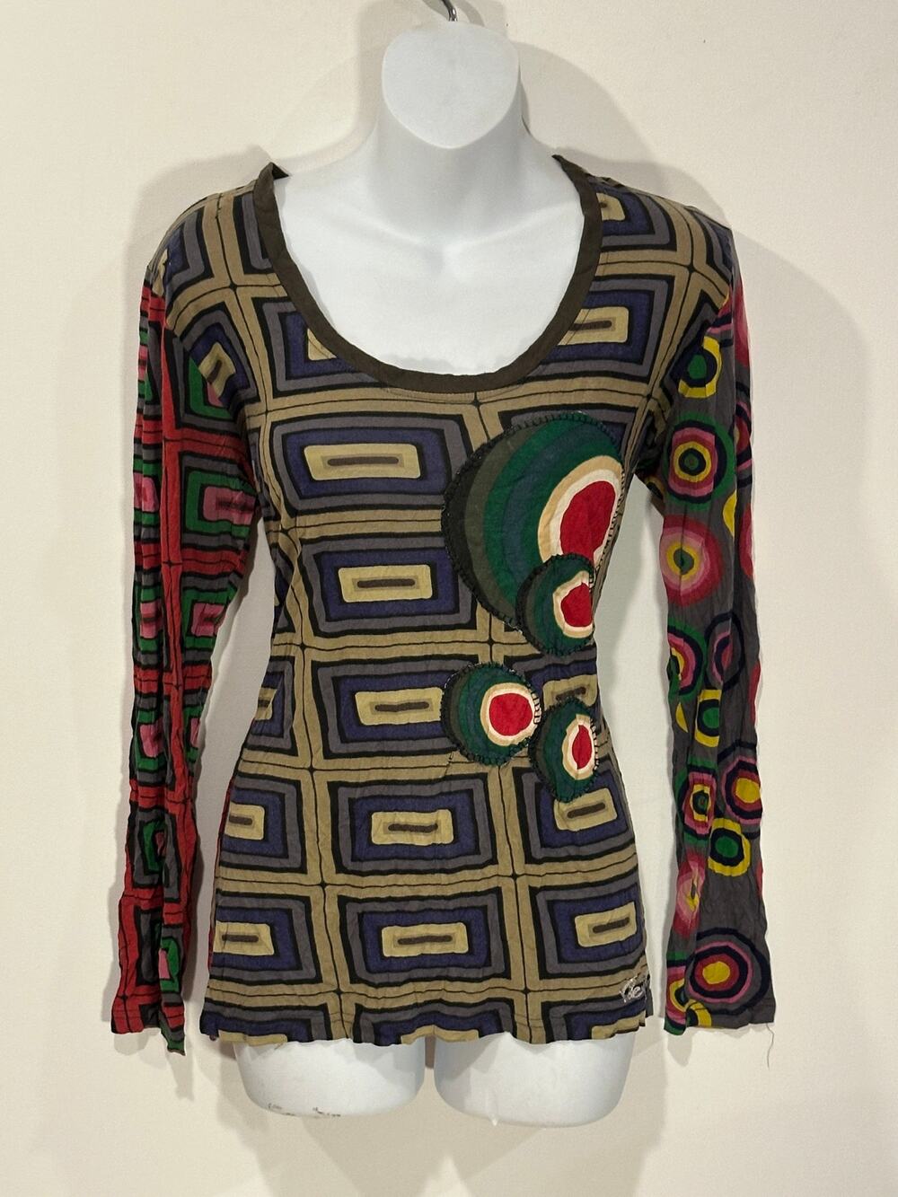 Desigual Vintage Y2K Geometric Patchwork Graphic Long Sleeve Top Butterfly S/M